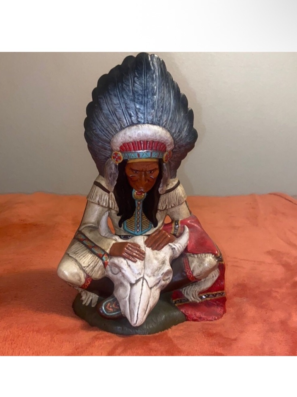 Vintage Native American Chief Statue in Red, Tan, Black